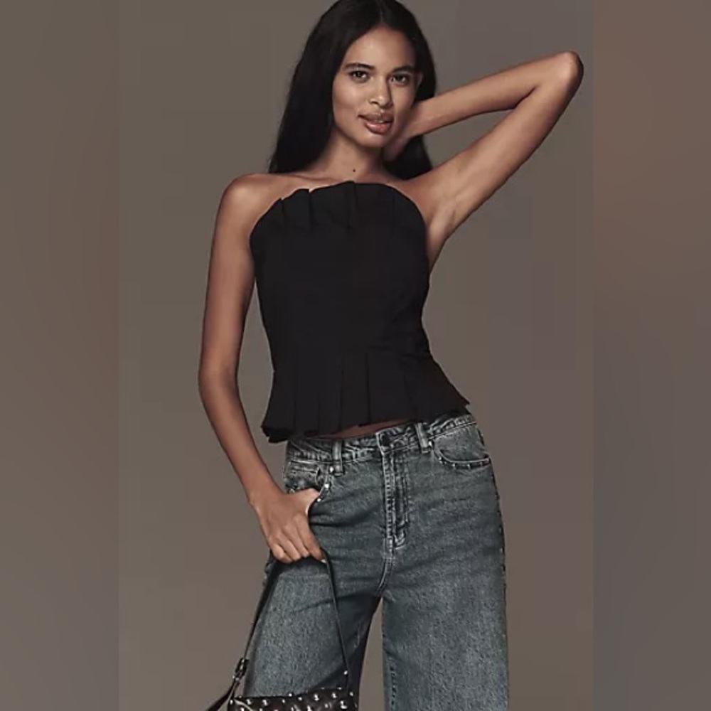 Anthropologie Preppy Black Strapless Peplum Corset Top NWT Medium Pleated Fall